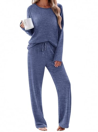 Ekouaer Pajama Sets for Women Soft Long Sleeve Sleepwear Jersey Knit Nightwear Sleep Set with Pockets Navy,S