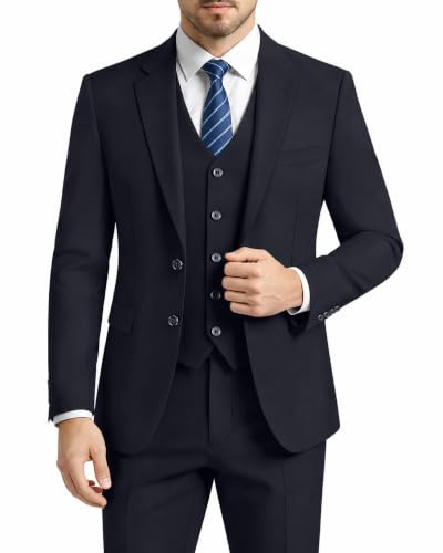 LUPURTY Costume 3 pièces pour homme, coupe ajustée, veste unie à 2 boutons, gilet et pantalon, ensemble de smoking pour affaires, mariage, bleu marine foncé, XX-Large
