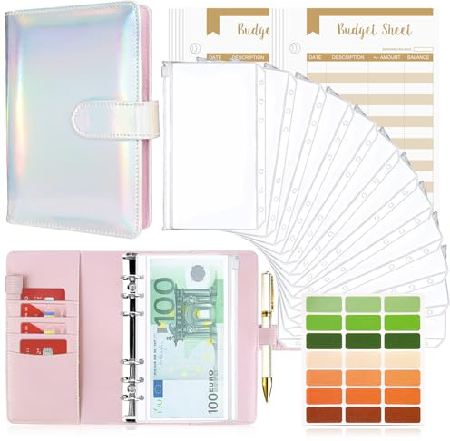 Budget Planner BudgetBinder A6, budgetplanerare, pengar arrangör med mjuk väska, TAOPE läder, budgetbinder, anteckningsbok A6 kontanter, 6 hål, budgetplanerare, hushållbok med sedelfack, laser rosa