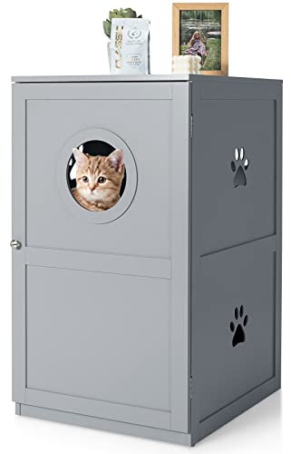 COSTWAY Cat Litter Box Enclosure Furniture, 2-Tier Kitty Hidden Washroom Toilet with Entrance Hole & Door, Indoor Cat House Storage Bench for Living Room Bathroom (Grey)