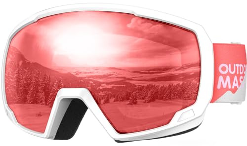 OutdoorMaster Kids Ski Goggles, Snowboard Goggles - Youth Snow Goggles - VLT28% White Frame Light Rose Red Lens
