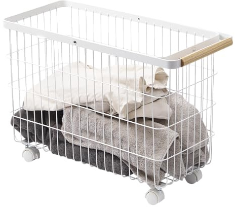 Yamazaki Home Tosca Compact Rolling Laundry Basket Cart - Metal Hamper With Wheels And Handle For Easy Mobility - Space-Saving Storage Solution, 15 - Steel + Wood - 9.2 Gallons, 35L