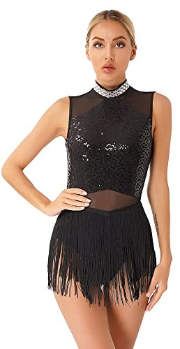 iEFiEL Damen Glitzer Ballettkleid mit Quasten Eiskunstlauf Kleid Rückenfrei Turnanzug Tanzanzug Ballettkleidung Leotard Tanzkostüm Schwarz M