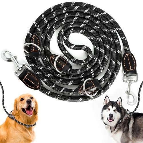Hundeleine für Große & Mittelgroße Hunde, Verstellbare Hundeleine 3m mit Reflektierend Streifen, Nylon Doppelleine Verdickte Freihandleinen mit 2 Karabiner durch die Extreme Kraft bis 200 kg (Schwarz)
