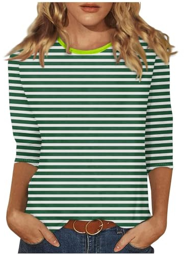 Maglia da donna a 3/4, con stampa a righe, casual, scollo rotondo, a maniche lunghe, leggera, classica, in cotone, a maniche lunghe, comoda