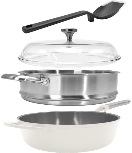 NATIVO 5 Quart Nonstick Ceramic Pan Set, Always Pan All-in-One with Domed Glass Lid, Steamer Colander and Spoon, Dishwasher Safe, PFOA Free (Ivory, 4 Pieces)