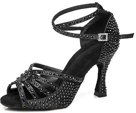 JUODVMP Chaussures De Danse Latine Salsa pour Femmes Strass 7.5cm Talon Haut Noir Salle De Bal Tango Mariage Performance Chaussures De Danse,40EU