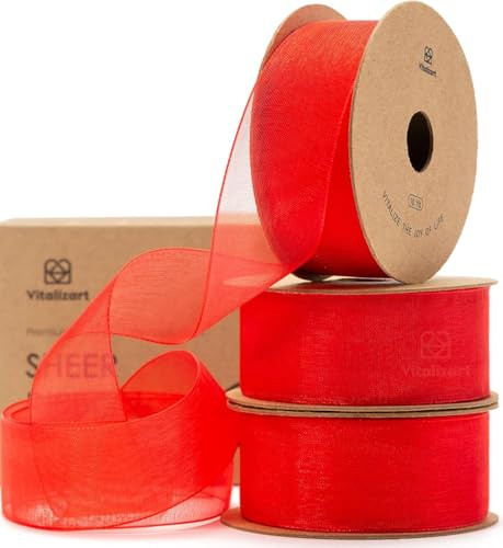 Vitalizart Red Organza Ribbon 1'' x 30Yd Sheer Ribbons for Crafting | 3 Rolls x 10Yd, Wide Fabric Tulle Ribbons for Gift Wrapping, Christmas Tree, Decoration, Bows, Wedding Invitations