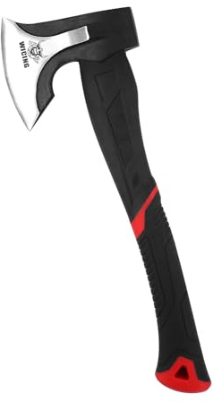 WICING 15 inch Hatchet for Small to Medium Size Kindling, Splitting Axe 1065 High Manganese Steel and Ergonomic Fiberglass Handle, 2.3 pounds