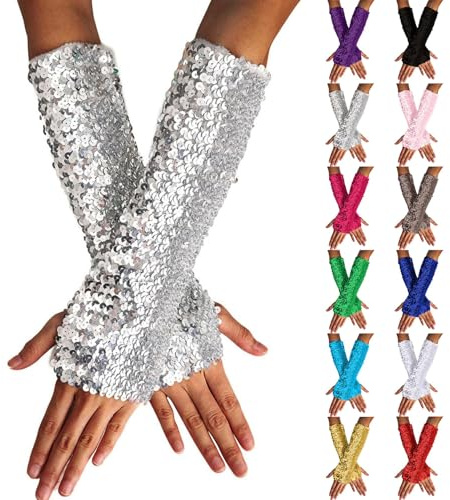 Momolaa 2 Pairs Glitter Gloves Sequin Long Gloves Fingerless Elastic Gloves Glitter Carnival Partys for Women and Girls Gloves Sequins Arm Sleeve Silver