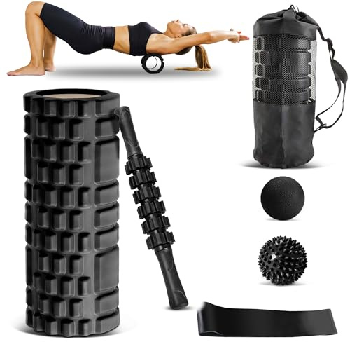 6 in 1 Trigger Point Foam Roller Set with Massage Ball, Yoga Stick, Stretching Strap, Spiky Ball, Carry Bag - Gym Equipment Set with High Density Foam Rollers for Physical Therapy