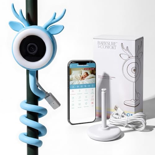 BABYSURE&CONFORT Camara Vigilancia Bebe - 4MP, Soporte Flexible y Rigido, Luz LED, Vigilabebes con Audio Bidireccional, Vision Nocturna, Alarma Llanto y Movimiento, Wi-Fi 2.4GHz Smart App móvil (Azul)