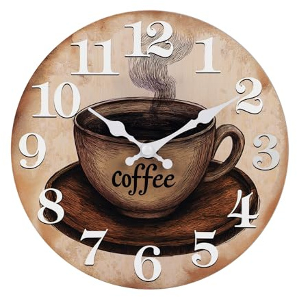 Küchenuhr Wanduhr mit Kaffee Motiv Retro Vintage Lautlos Hartglas Wanduhren für Küche, Cafe, Kaffeebar Deko – 30cm, Braun