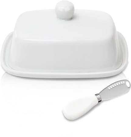 Ceramic Butter Dish with Lid and Handle, Home Ceramic Butter Dish with a Butter Spatula for Countertop, Porcelain Health Dishwasher Safe, White