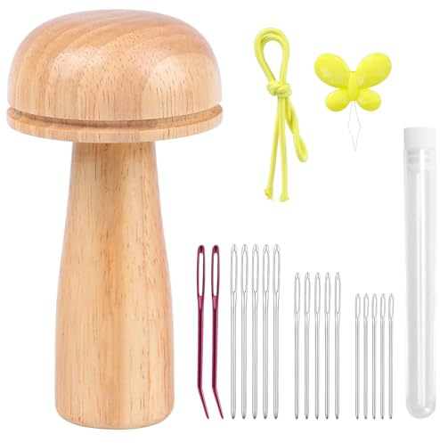 GmwyCzV Stopppilz Holz, Webernadel Mit Kugelspitze, Stopfpilz, Stopfei, Holzpilze, Holz Pilze, Stopfgarn Set, Stopfnadel, Nadeleinfädler Zum Handnähen, für Diy HandnäHen, Socken, HüTe, Kleidung