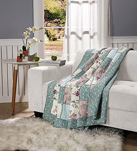 Chezmoi Collection Abbi 1-Piece Garden Floral Shabby Chic Throw Pre-Washed Cotton Ruffle Trim Patchwork Throw Blanket