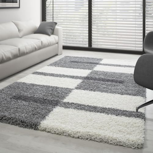 Carpettex Shaggy Flokati Tapis de salon, à poils longs, moderne, design à carreaux, 280 x 370 cm, gris clair, doux et moelleux, lavable, pour chambre à coucher, cuisine, salle à manger