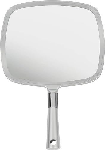 Mirrorvana Großer Handspiegel mit Griff, Professioneller Friseurspiegel für Haarschnitt und Styling, Salon-Kosmetikspiegel für Friseure (Silber)