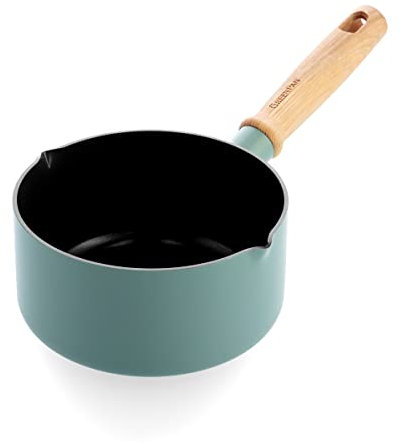 GreenPan Mayflower Healthy Ceramic Non-Stick 16 cm/1.6 Litre Saucepan with Pour Spouts, Vintage Wood Handle, PFAS-Free, Induction, Smoky Blue, Blue