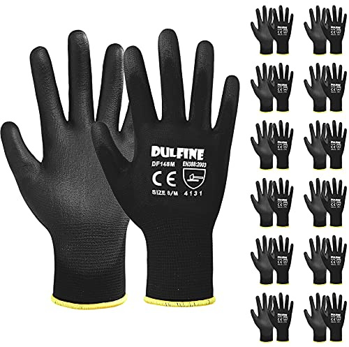 Ultra-Thin PU Coated Work Gloves-12 Pairs,Excellent Grip,Nylon Shell Black Polyurethane Coated Safety Work Gloves, Knit Wrist Cuff,Ideal for Light Duty Work. (Large)