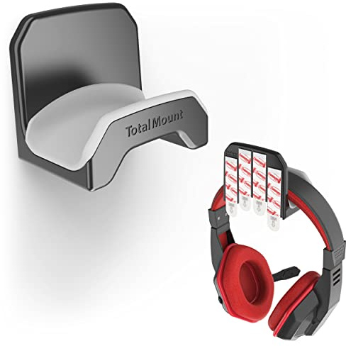 TotalMount Gaming Headset Hanger – Includes Removable Adhesive Strips for Easy, Damage-Free Wall, Desk, or PC Mounting (Black Headphone Hook with Premium Silicone Cradle – One Pack)