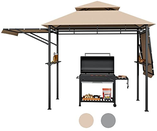 Tangkula Tonnelle de barbecue CPAI-84 avec auvent double face, double niveau avec 2 étagères latérales, cadre en acier robuste, abri pour terrasse, jardin, plage, terrasse