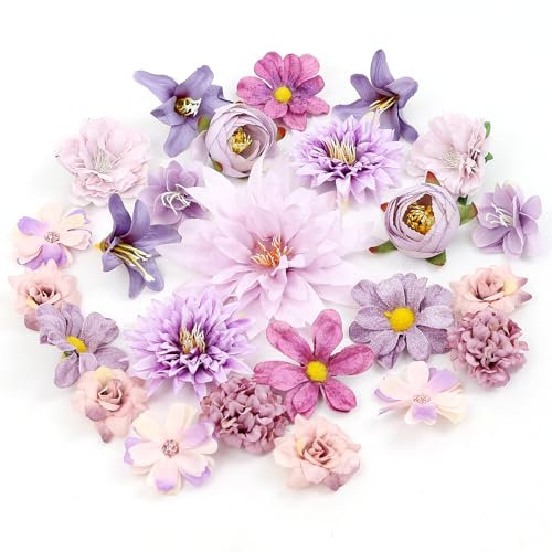 LARDUX 24 Stücke Kunstblumen zum Basteln, Kunstblumen Köpfe,künstliche blumenköpfe klein Blüten Künstlich blütenköpfe groß Seidenblumen Köpfe für DIY Basteln Hochzeit Party Home Handwerk Deko-Lila