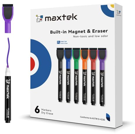 maxtek Dry Erase Markers - 6 Count Colorful Magnetic Dry Erase Markers Fine Tip with Eraser, Low Odor Whiteboard Markers for Calendar Boards