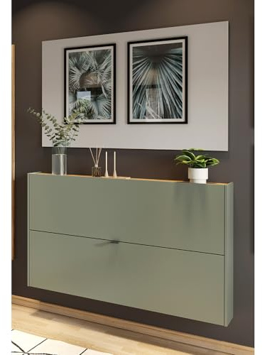 Lomadox Garderobe Flurgarderobe schmal in grün mit Eiche modern 2-teilig mit 1 Schuhschrank, 1 Spiegel