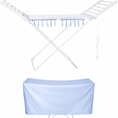 HOUSZY Electric Heated Clothes Drying Rack with Cover & Hooks – Folding Indoor Dryer Airer, 230W, 12 Pegs, Portable Aluminium Laundry Drying Stand