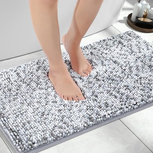 Yimobra Rutschfester Chenille Badezimmerteppich Flauschig und luxuriös Extra weiche, wasserabsorbierende Plüschmatte für Boden und Waschbecken Maschinenwaschbar, Hellgrau & Dunkelgrau, 45 x 71 cm