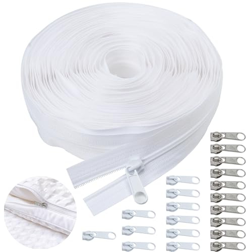 HavaCue 10M Cremalleras por Metros para Coser, para Ropa de Cama Cremallera por Metros, Nylon Cremalleras por Metro con 20 Metal Carro Cremallera, Zipper Continua Blanco para Ropa, Bolsos