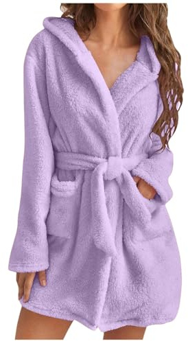 KBOPLEMQ Peignoir court et moelleux pour femme - Peignoir douillet - En polaire - Avec capuche - Pour l'hiver - Doux - Léger - Double face - Couleur unie, O violet clair, XXL
