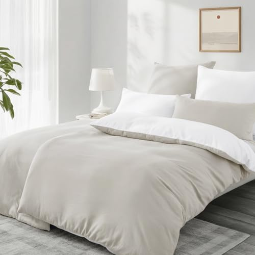 Aisbo Bettwäsche 135x200 4teilig Beige Weiß - Bettwäsche Sets 2 Bettbezüge 135x200 cm + 2 Kissenbezüge 80x80 cm, ÖKO-TEX Wendebettwäsche Weich Mikrofaser mit Reißverschluss