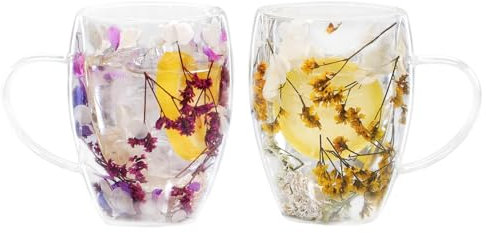 LeKuni Juego de 2 vasos para latte macchiato con flores secas, 350 ml, vasos de doble pared, vasos térmicos de doble pared, para té, helado, té helado, morado y amarillo