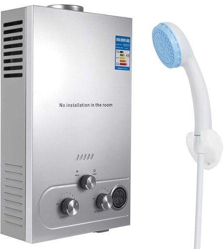 Chauffe-eau à Gaz, Chauffe-eau au Gaz Propane GPL 6L avec Kit de Douche, avec Modes Hiver et Été, chauffe-eau instantané sans réservoir 16kw, pour la Maison et I'extérieur (A)