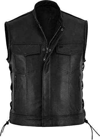 Chaleco de cuero para hombre y hombre, chaleco de cuero liso para motociclista, chaleco recortado, clásico, personalizado, para motocicleta, con cremallera, chaleco impermeable para hombre, Negro, XXL