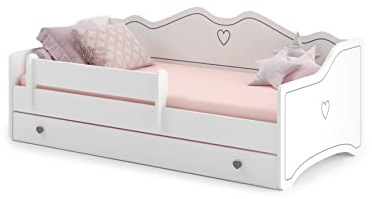 KOBI Lit d'enfant Emma Blanc | tiroir, Barre, Cadre de Matelas Inclus | Rose, Gris | pour Chambre d'enfant | lit de Fille (Gris, 160x80)