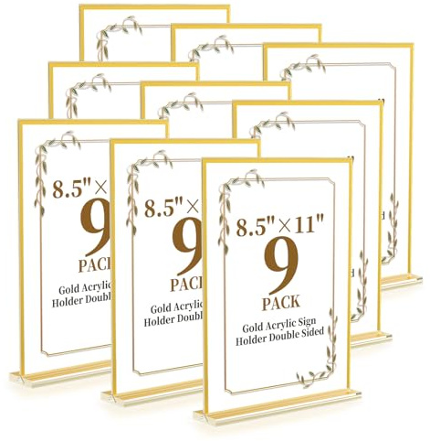 Acrylic Sign Holder 8.5 x 11,9 Pack Clear Sign Holder Double Sided Gold Table Menu Vertical Desktop Display Stand Paper Flyer Holder Tabletop Sign Holder Suitable for Restaurants, Office, Store,Hotels