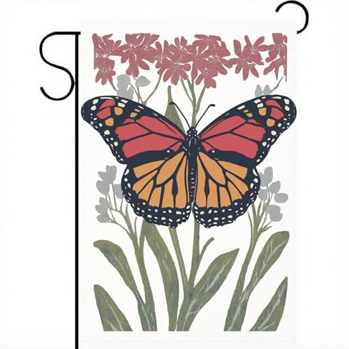 PRESSINART Drapeau de Jardin Papillon Monarque Bannière Papillon 12 x 18 Pouces Polyester Fleurs Bienvenue Maison Extérieur Saison Ferme Pelouse Jardin Bannière Décorative Porche Patio
