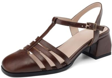 Genérico Mujer Punta Cuadrada T Tira Tacón Bloque Sandalias Punta Cerrada Multi Tira Slingback Verano Casual Vestido Sandalias Suela Goma Antideslizante Zapatos Cómodos,Marrón,39 EU