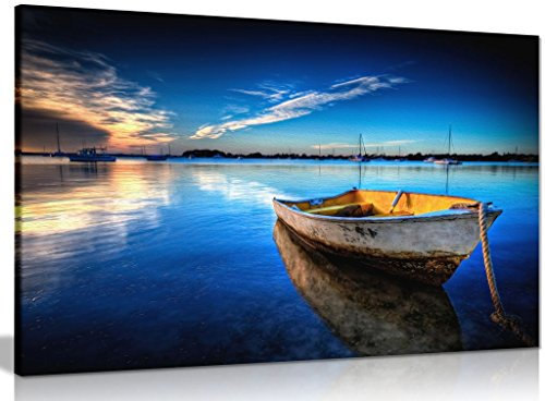 Landscape Blue Boat On Sea & Sky Painting Canvas Wall Art Picture Print (18x12in)