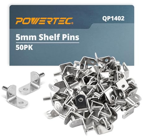 POWERTEC QP1402 5mm Shelf Pegs 50 pcs, L-Shaped Bracket with Hole Shelf Pins Support Pegs for Shelves, Kitchen Cabinet Shelf, Bookshelf, Closet and Furniture, Nickel Plated Shelf Holders Pegs