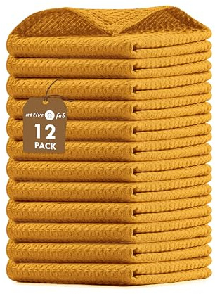 Native Fab Waffle 12 Pack Dish Cloths - 100% Cotton, Absorbent, Quick Drying, Washable Towels for Cleaning, Cooking - Great for Home, Restaurants, Bars, Multi Purpose Use - 12x12 - Mustard Yellow