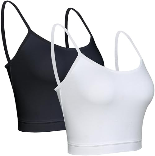 BQTQ 2 Pieces Camisole Top Spaghetti Strap Cotton Crop Tank Tops for Women Girls, Black and White, XL