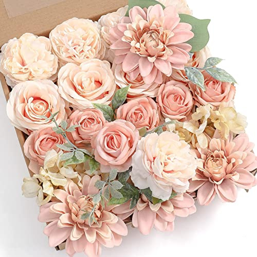 Artificial Flowers Combo Box Set Gradient Color Flower Leaf with Stems for DIY Wedding Bouquets Centerpieces Baby Shower Party Home Decorations (Peach) one size