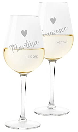 Colorfamily Coppia Calici Personalizzati SanValentino Set da 2 calici Vino con Nome e data Innamorati Matrimonio Fidanzamento - Bicchiere in Vetro 500 ml