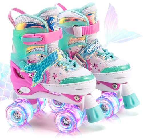NEMONE Inline Skates for Girls Children 4 Sizes Adjustable Pink Inline Skates for Children Indoor Outdoor Girls Children