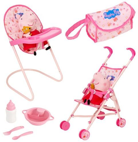 Peppa Pig 7-Piece Nursery Playset Bundle | Includes Dolly Highchair, Peppa Pig Stroller, Reusable Cutlery, Changing Bag & Mat | Doll Pram & Pushchair Accessories for Kids Ages 3+