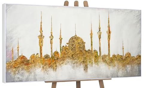 YS-Art Quadro Panorama Dorato e Bianco, Skyline Astratto Moderno Dipinto a Mano su Tela Elegante 100x50 cm